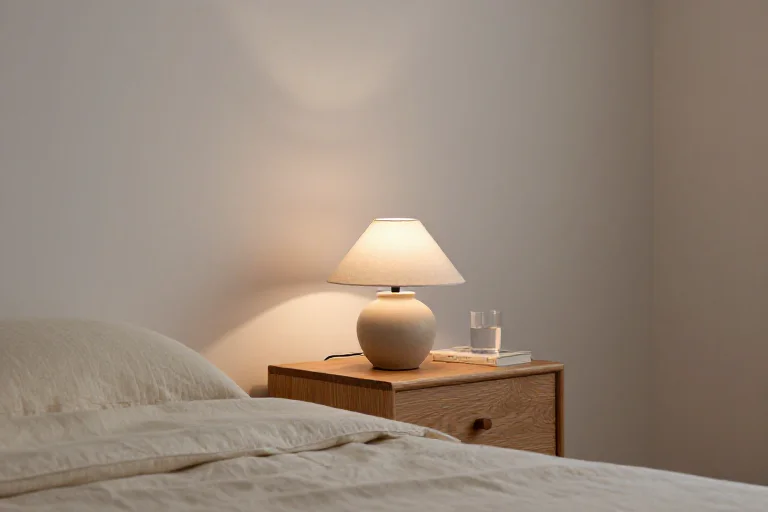 Minimalist ceramic bedside lamp, illustrated