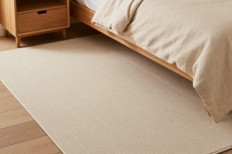 Neutral textured bedroom rug, illustrated