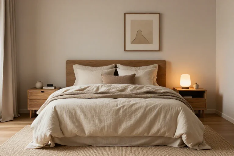 A warm, layered cozy bedroom, illustrated