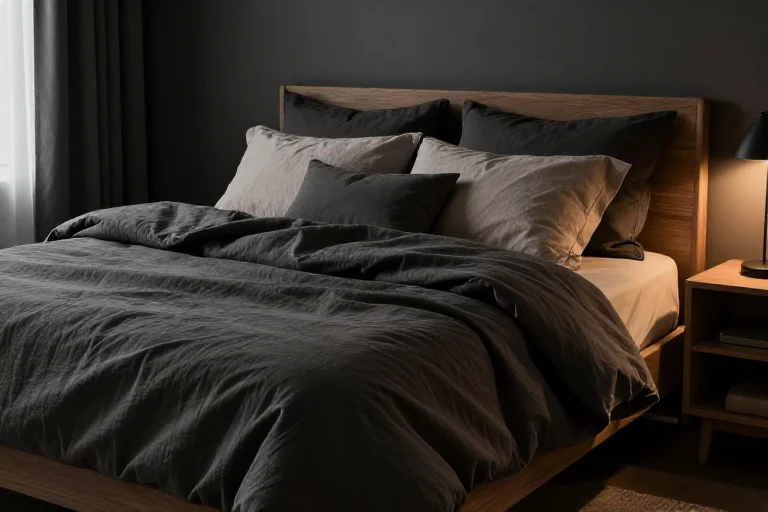 Deep charcoal textured duvet and layered bedding creating a moody bedroom foundation