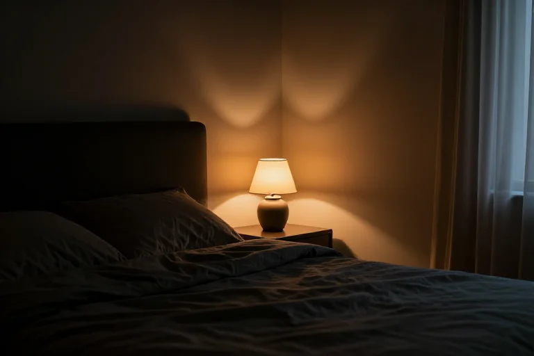 Warm ambient bedside lamp creating a soft pool of golden light in a dark bedroom