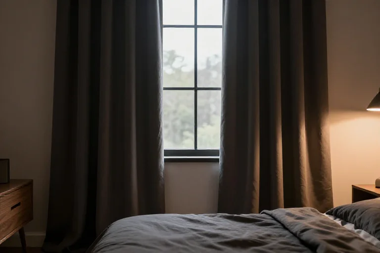 Floor-length deep neutral curtains framing a moody bedroom window
