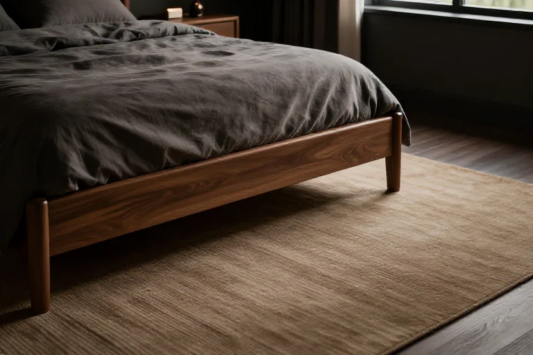 Warm textured vintage-inspired rug grounding a dark moody bedroom