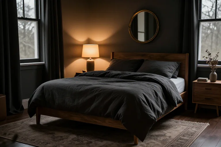 An intimate dark moody bedroom with deep bedding, warm ambient lighting, brass accents, and rich neutral tones