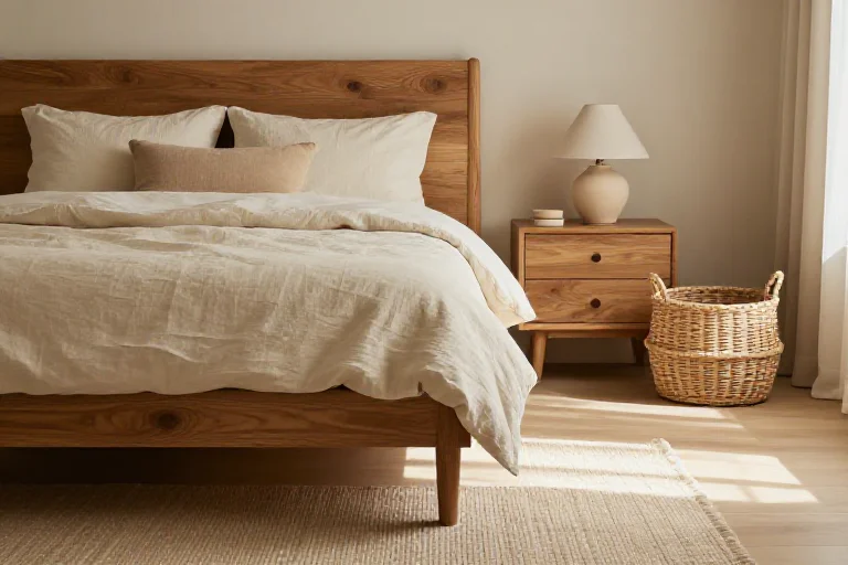 A warm natural bedroom with organic textures, illustrated