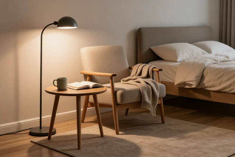 A comfortable bedroom reading corner, illustrated