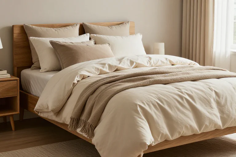 Neutral textured duvet and layered bedding in a refreshed small bedroom