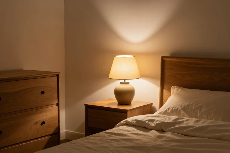 Warm ceramic bedside lamp creating a softer evening atmosphere in a small bedroom