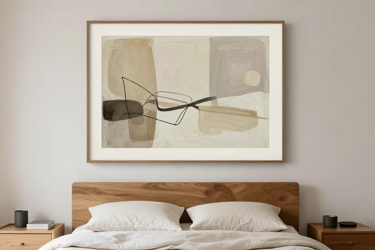 Large understated bedroom wall art used as a visual anchor above the bed