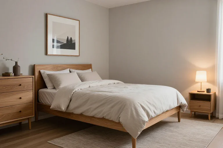 A refreshed small bedroom with neutral bedding, warm lighting, a subtle rug, and understated wall art