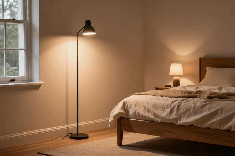 Slim ambient floor lamp in bedroom corner, illustrated
