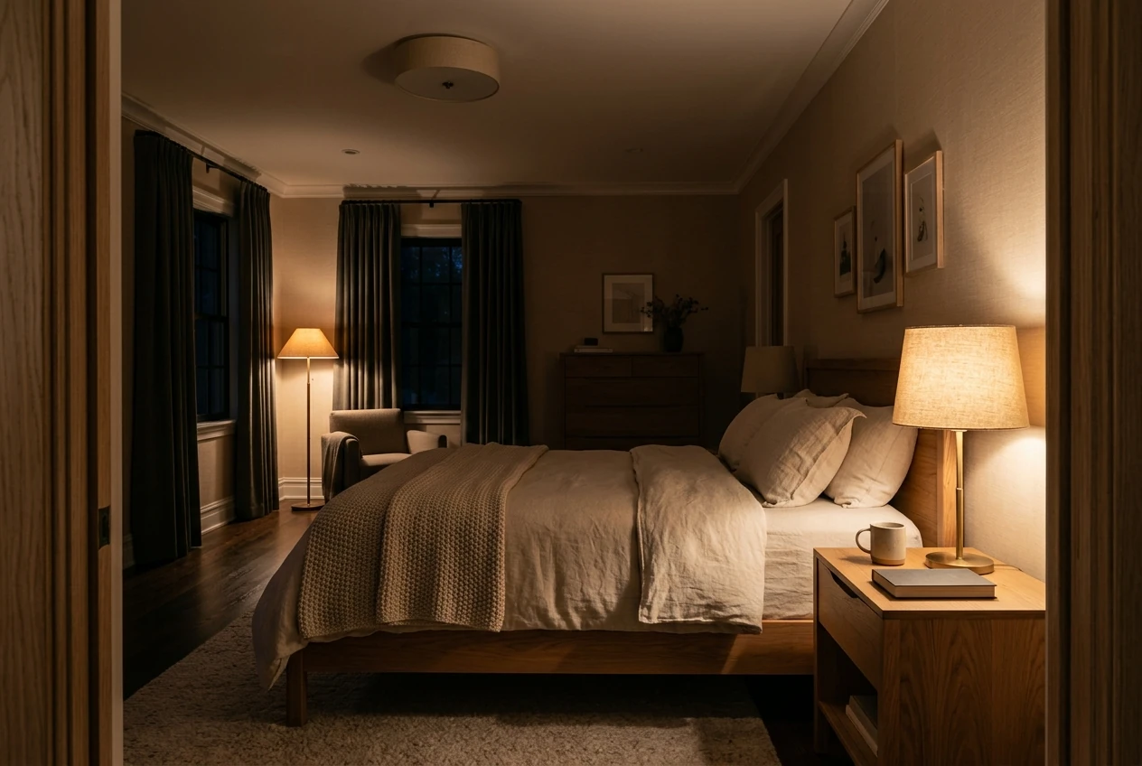 A warmly lit bedroom at night, illustrated