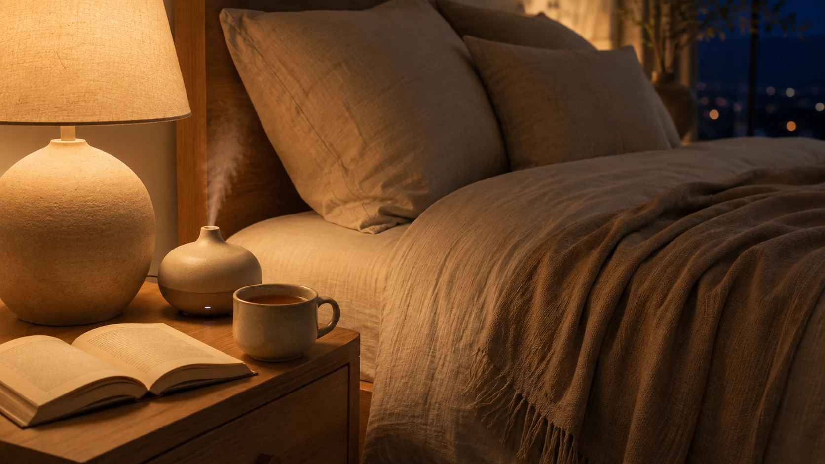Curated bedroom scene with warm ambient lighting